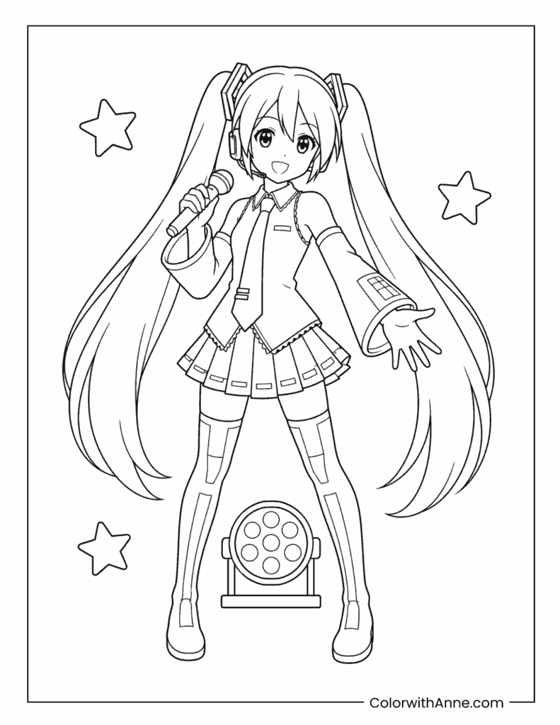 Hatsune Miku Singing into the Microphone Coloring Page