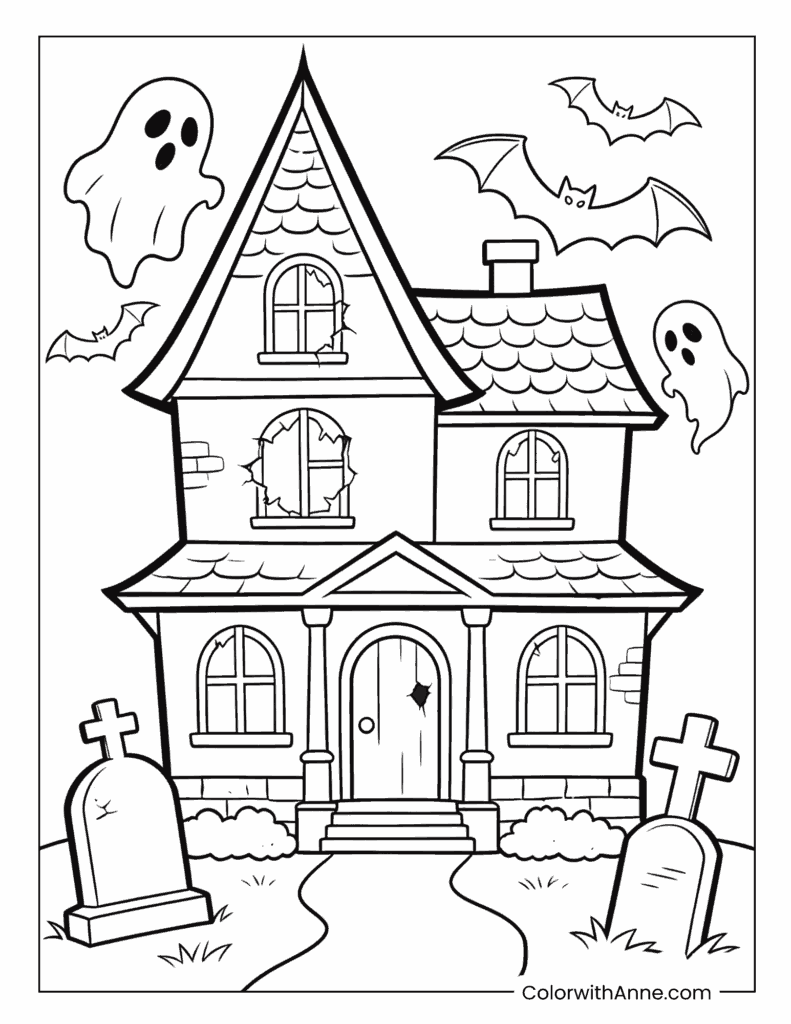 Haunted House with Broken Windows and Porch Columns Coloring Page