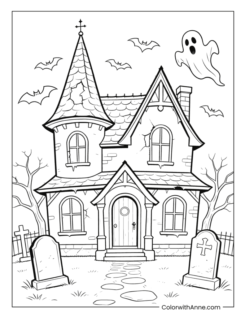 Haunted House with Spire, Cross and Floating Ghost Coloring Page