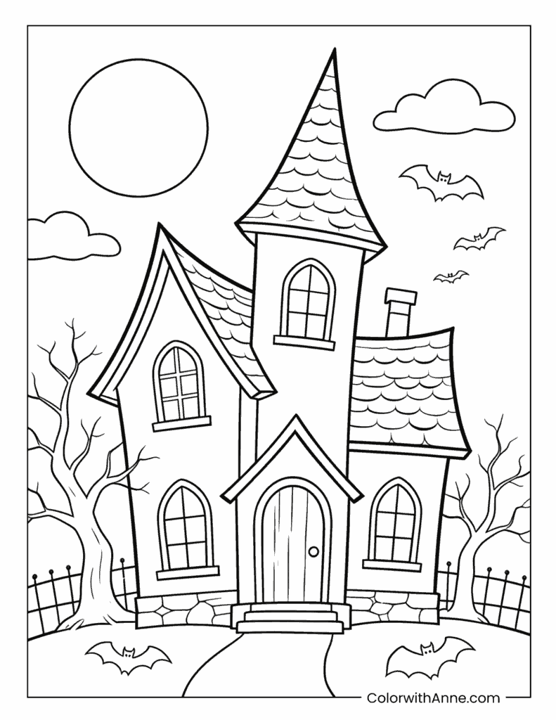 Haunted House with Spire Tower, Fence and Full Moon Coloring Page