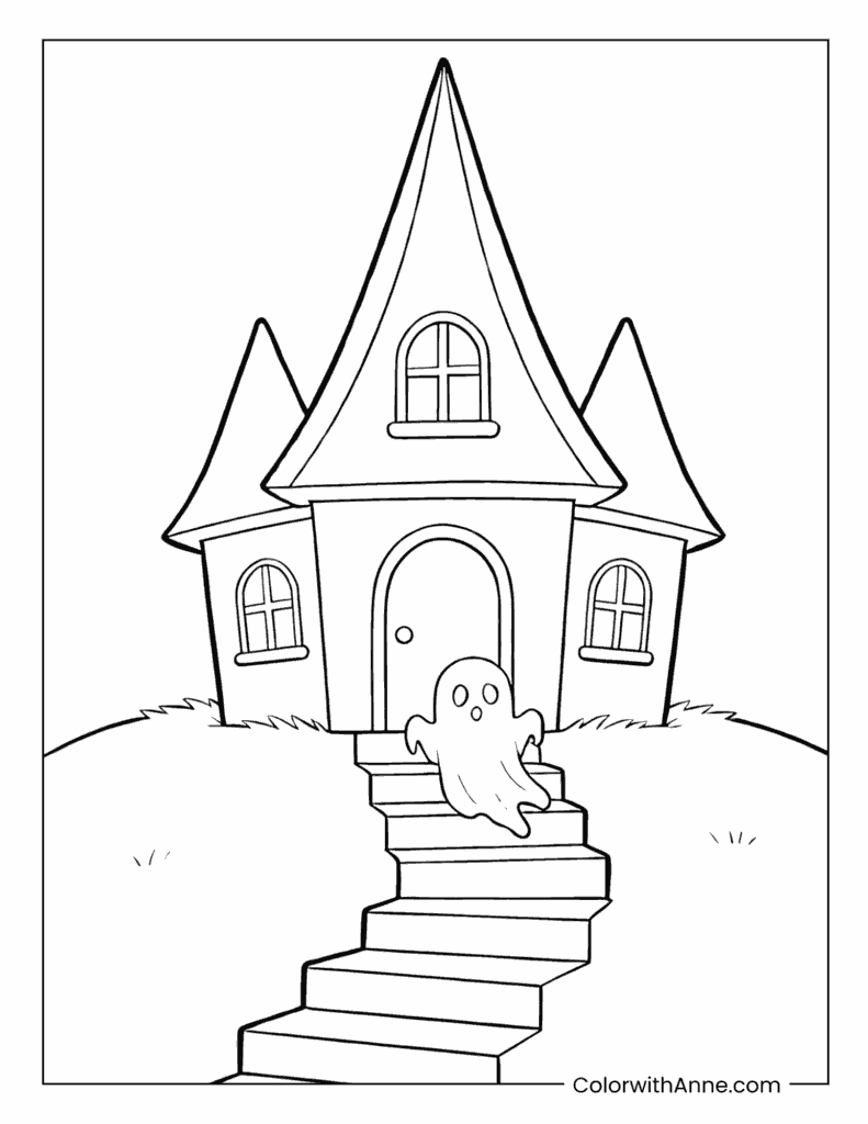 Haunted Mansion with Little Ghost Coloring Page