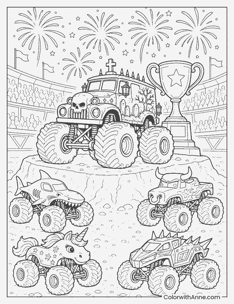 Haunted Monster Truck Stadium Finale Coloring Page