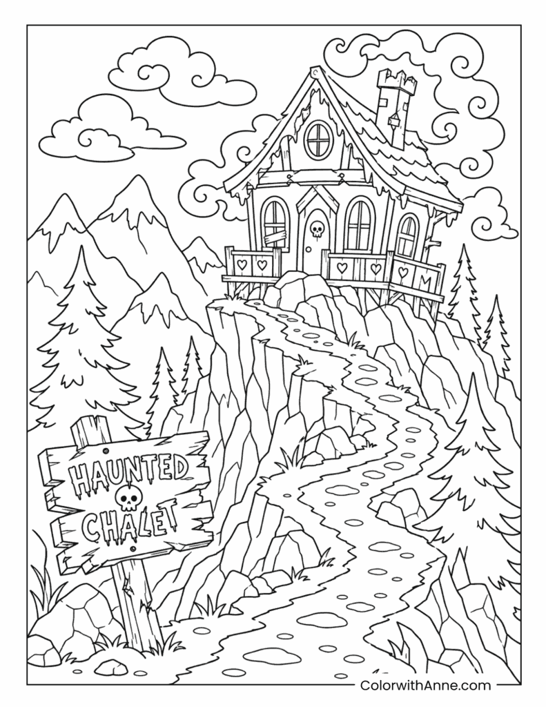 Haunted Mountain Chalet on a Rocky Cliff Coloring Page