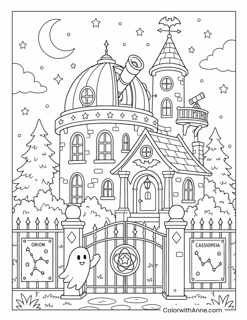 Haunted Observatory Mansion with Telescope and Ghost Coloring Page
