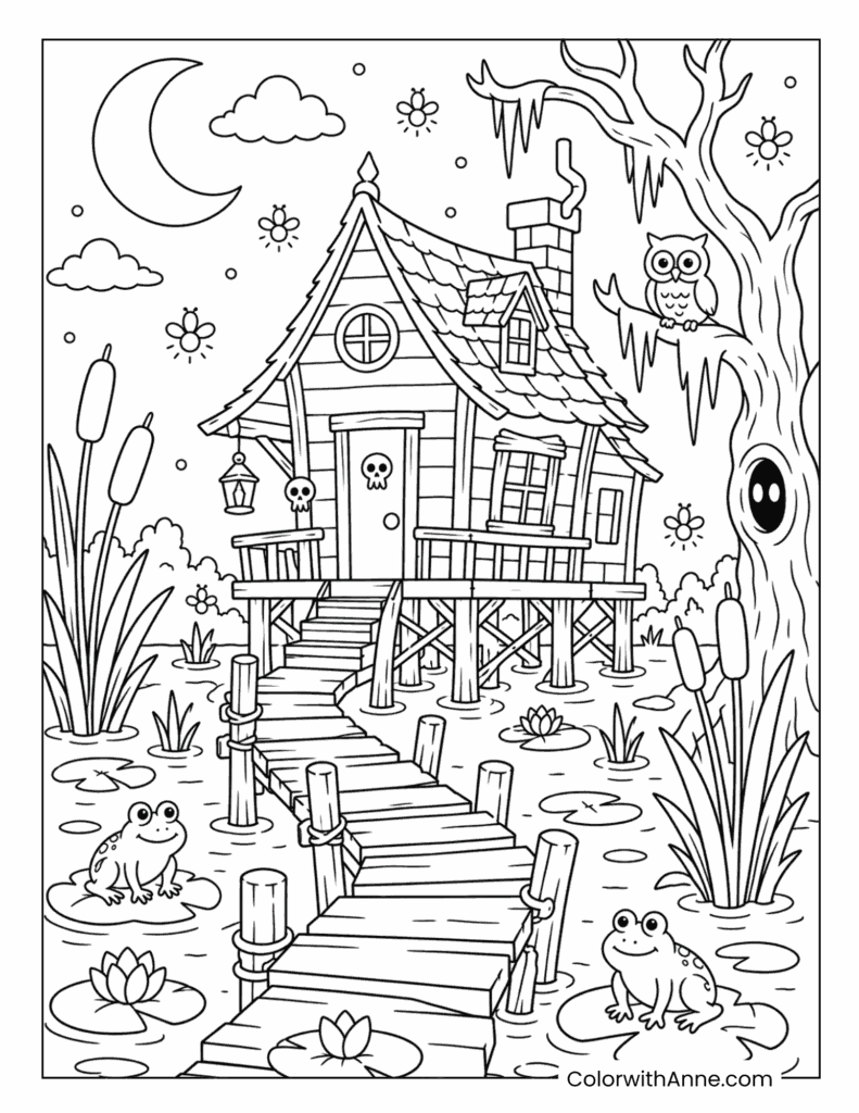 Haunted Swamp Cabin with Frogs and Owl Coloring Page