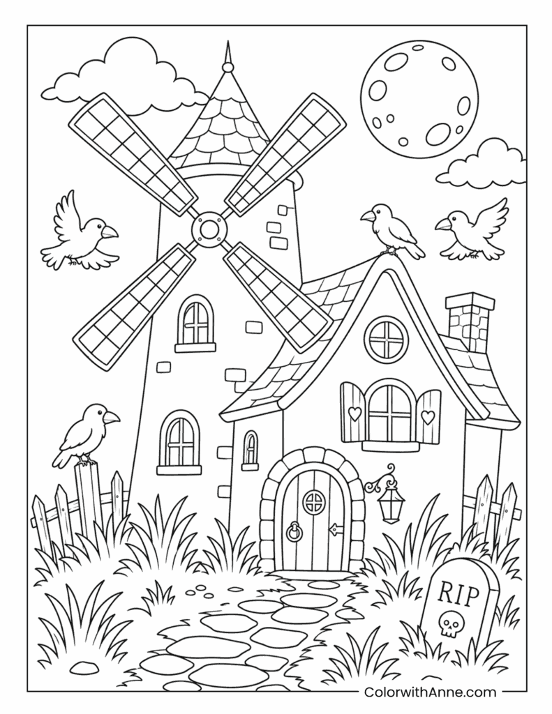 Haunted Windmill House with Crows and Graveyard Coloring Page