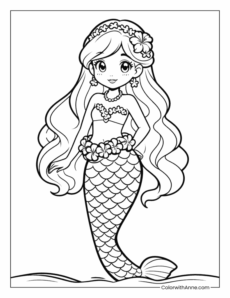 Hawaiian Mermaid with a Lei Coloring Page