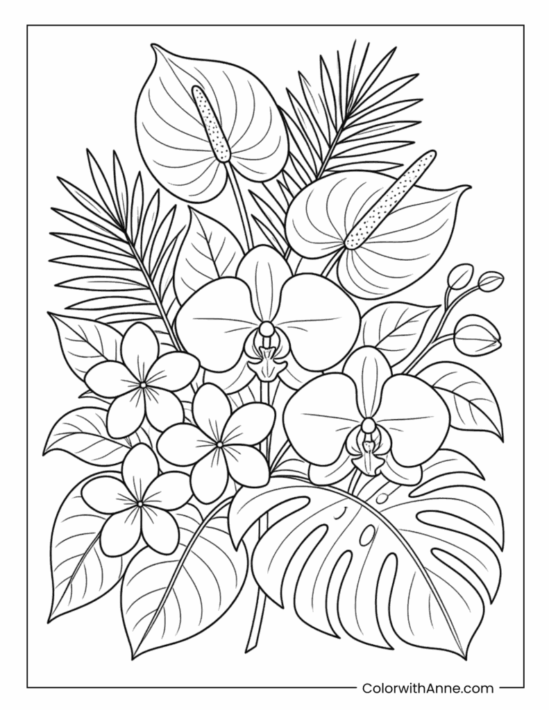 Hawaiian Orchids and Plumeria Coloring Page