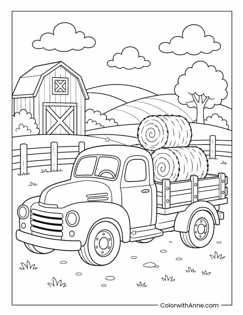Hay Truck Farm Scene Coloring Page