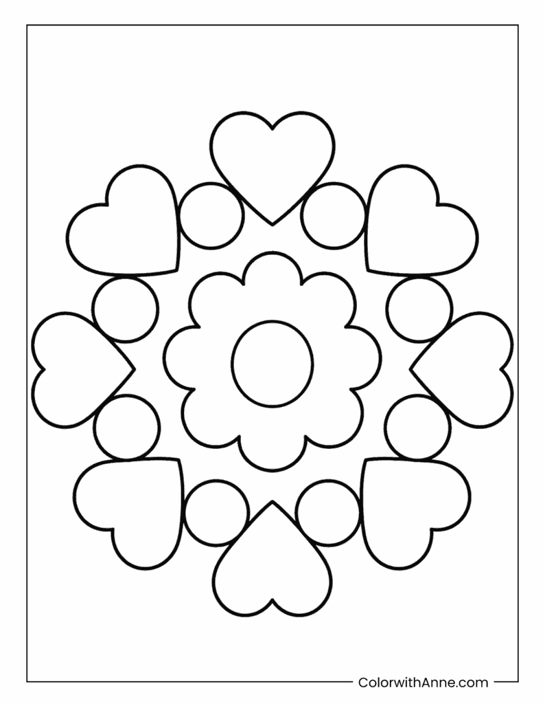Heart Ring Mandala With Flower Center Coloring Page