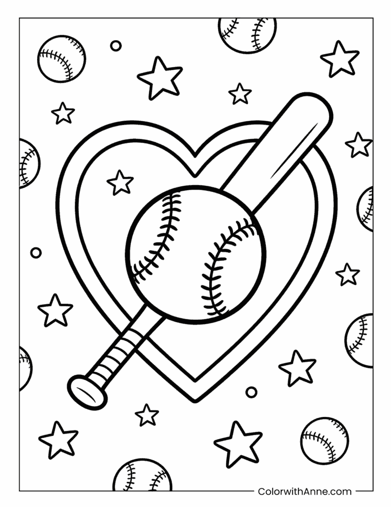Heart Shape with Baseball and Bat Coloring Page