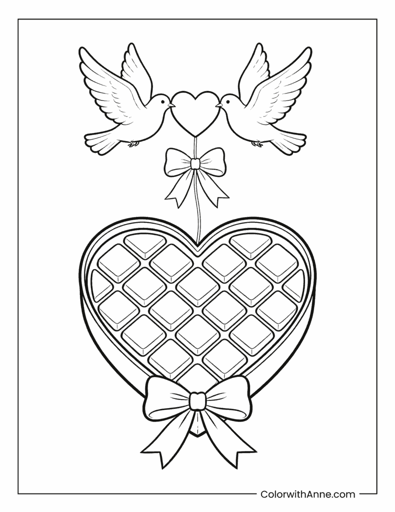 Heart-Shaped Chocolate Box with Doves Valentine's Day Coloring Page