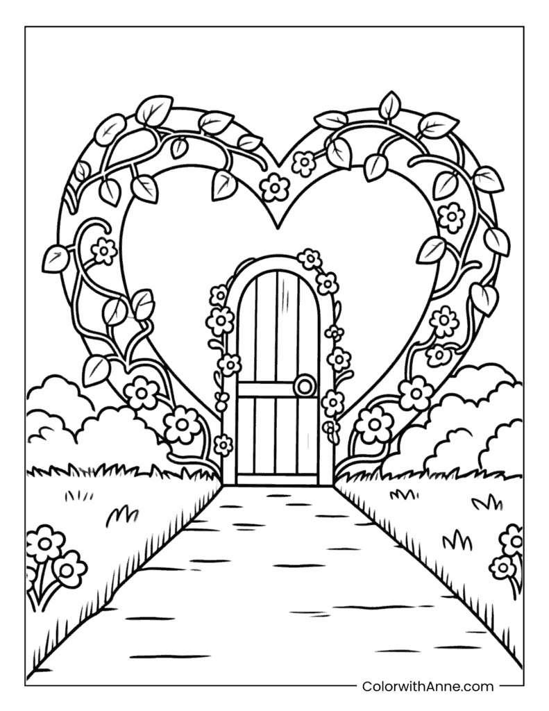 Heart-Shaped Garden Gate Valentine’s Day Coloring Sheet
