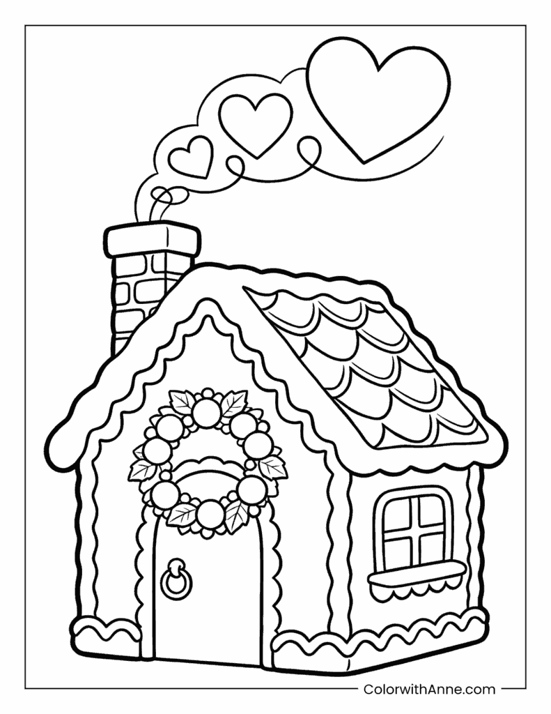 Heart-Smoking Gingerbread House Coloring Page