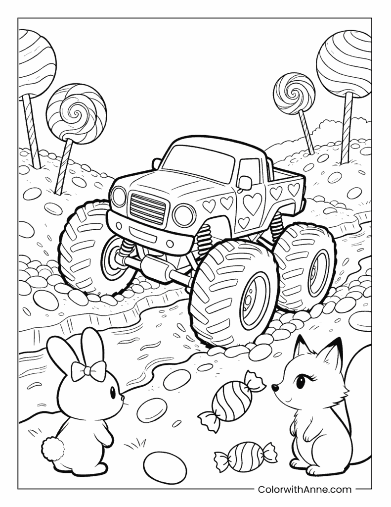 Heart-Themed Monster Truck in Candy Land Coloring Page