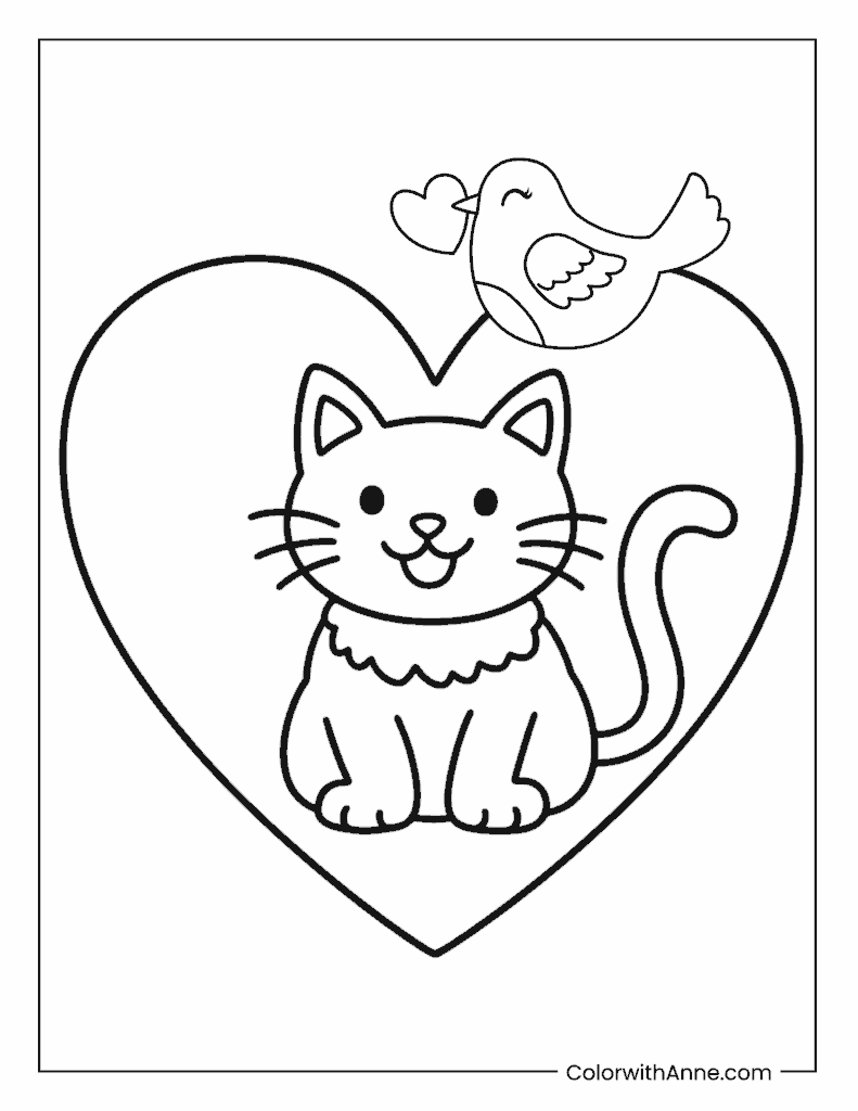 Heart and Cat Coloring Page