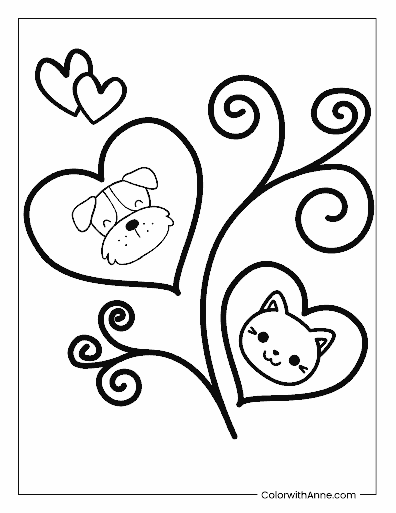 Heart and Pet Animals Coloring Page