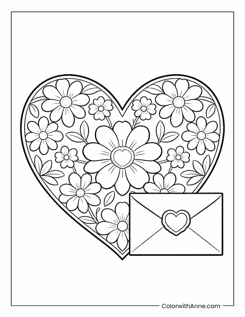 Heart with Floral Pattern and Love Letter Valentine's Day Coloring Page