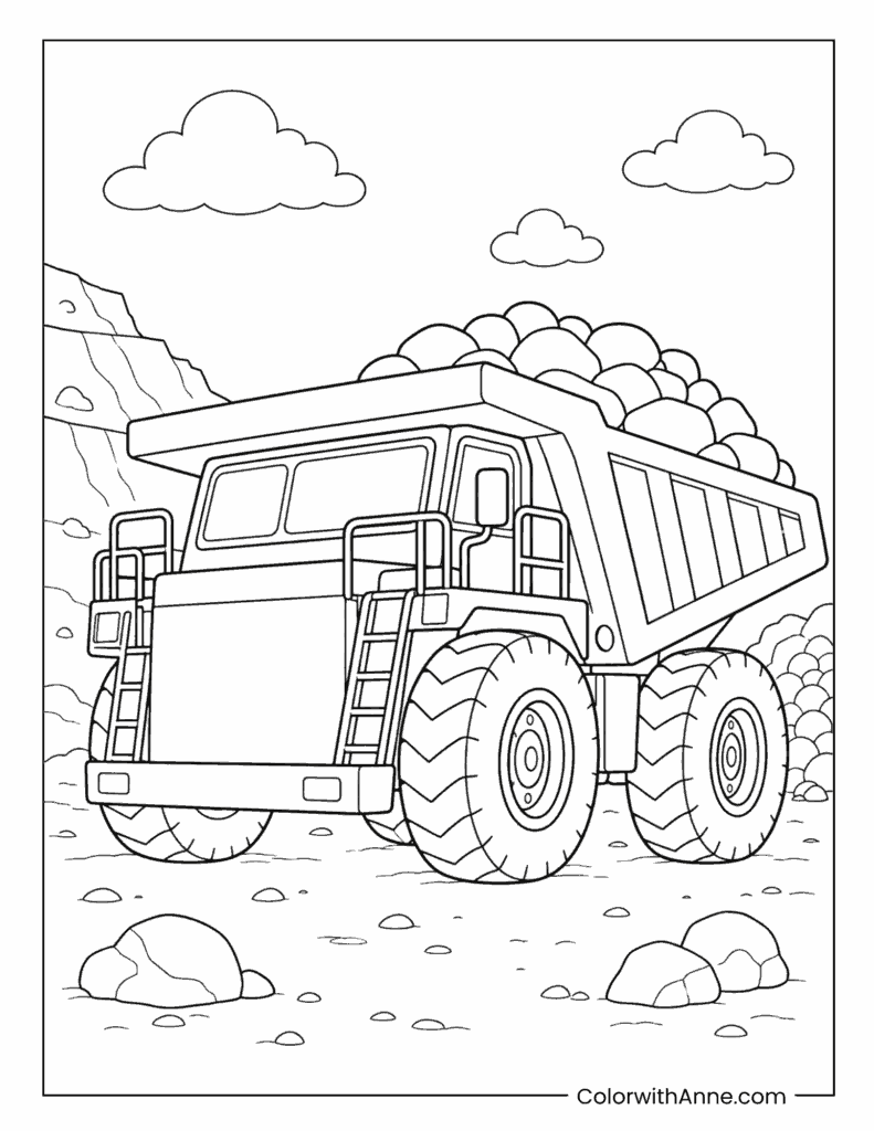 Heavy Mining Dump Truck Loaded With Rocks In Rocky Quarry Coloring Page