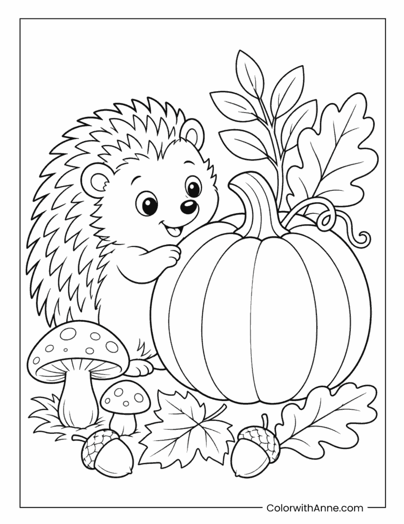Hedgehog Beside Pumpkin Coloring Page