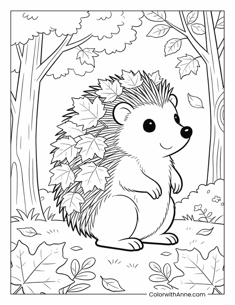 Hedgehog Sitting in Fall Forest Coloring Page