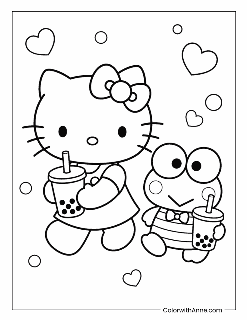 Hello Kitty And Keroppi Drinking Boba Tea Coloring Page