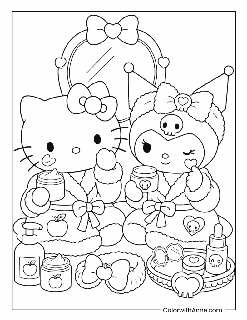Hello Kitty And Kuromi At A Vanity Table With Skincare Coloring Page