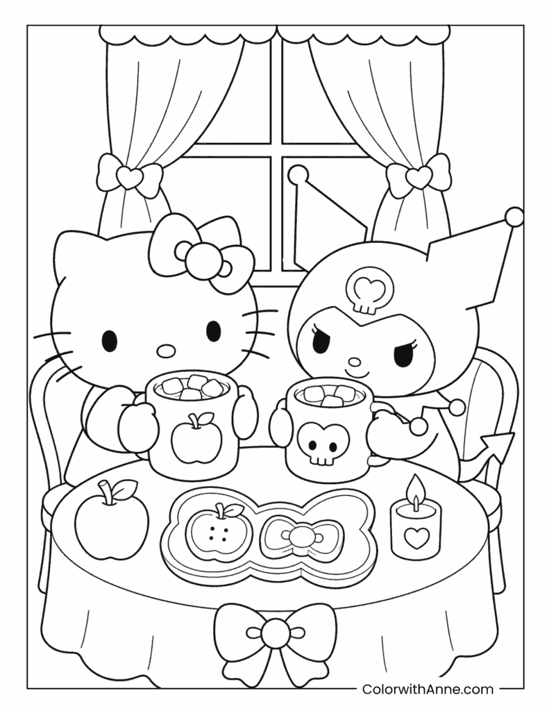 Hello Kitty And Kuromi Drinking Hot Cocoa By The Window Coloring Page
