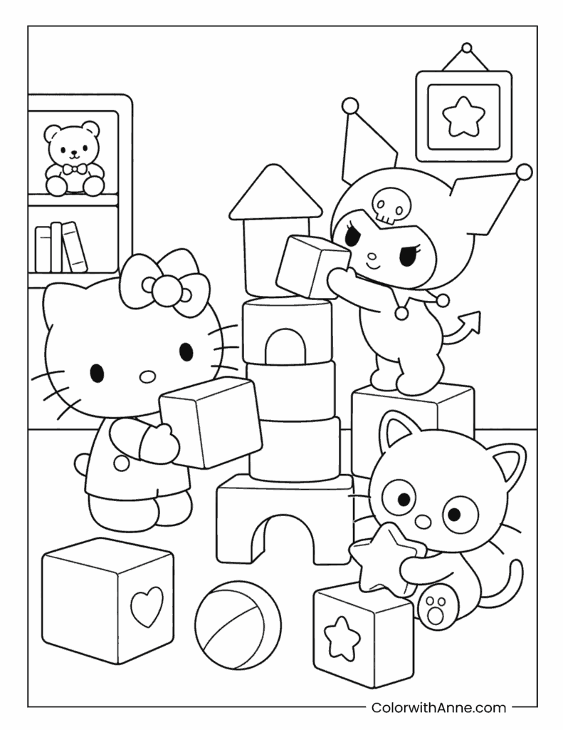 Hello Kitty And Kuromi Playing With Building Blocks Coloring Page