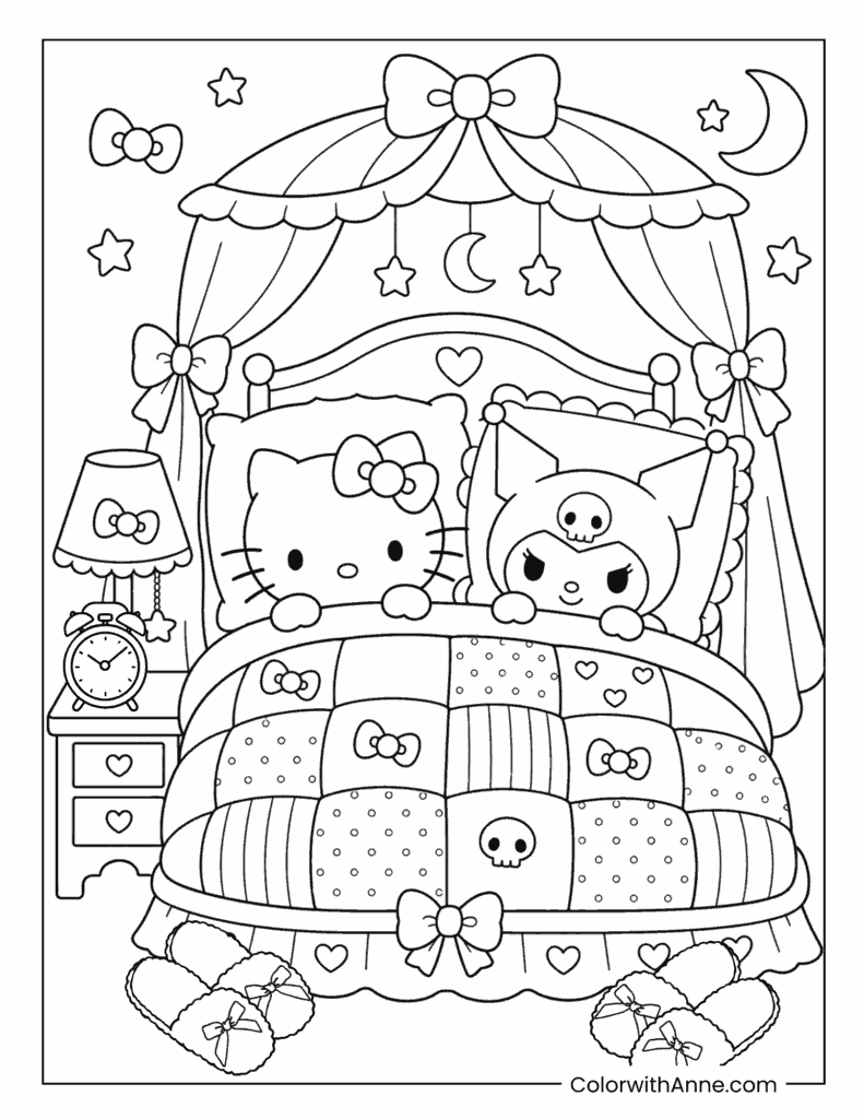 Hello Kitty And Kuromi Sharing A Bed Under A Canopy Coloring Page