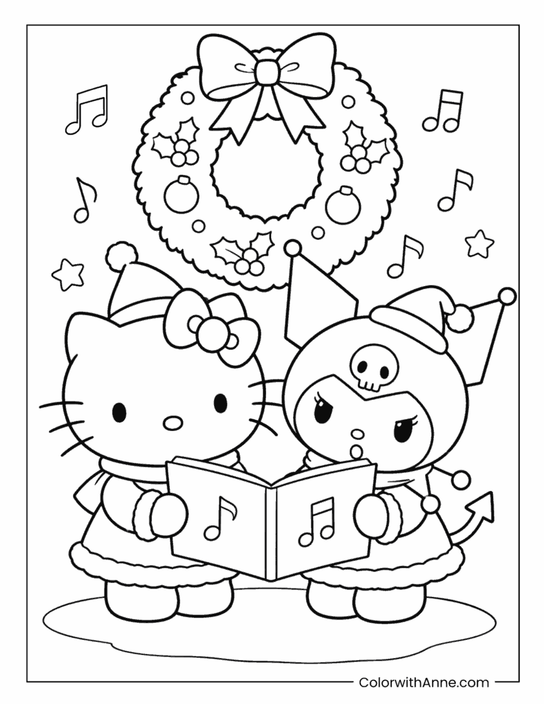 Hello Kitty And Kuromi Singing Christmas Carols Coloring Page