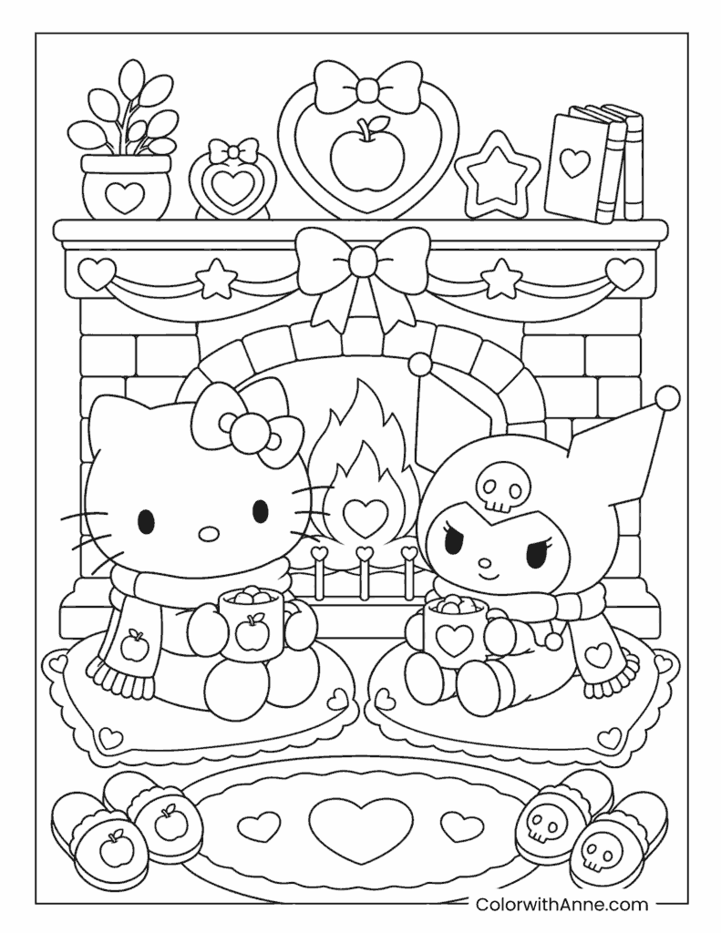 Hello Kitty And Kuromi Sitting By A Cozy Fireplace With Hot Drinks Coloring Page