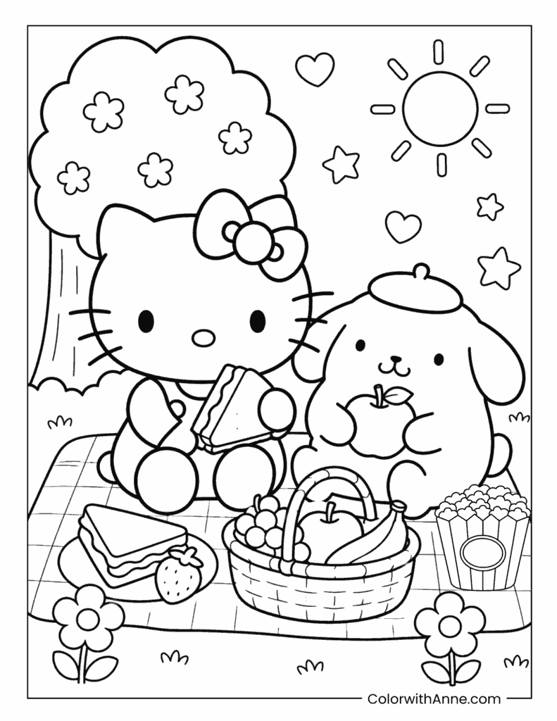 Hello Kitty And Pompompurin Having A Picnic Under A Sunny Sky Coloring Page