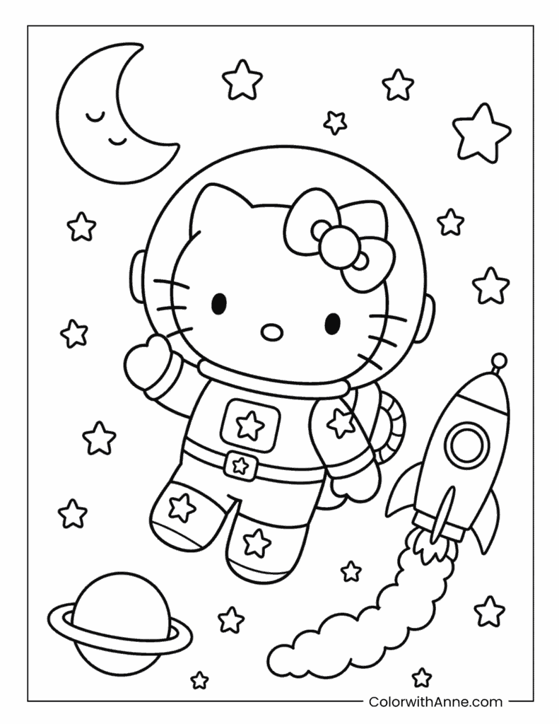 Hello Kitty Astronaut Floating in Space Coloring Page