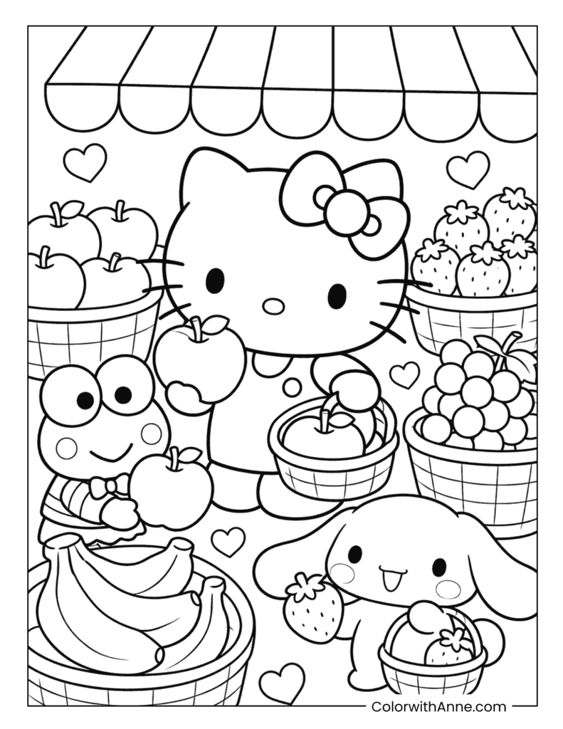 Hello Kitty At A Market Stall With Keroppi And Cinnamoroll Coloring Page