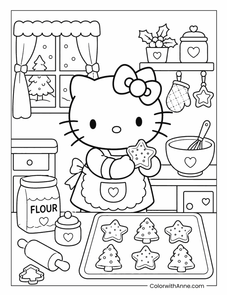 Hello Kitty Baking Christmas Cookies in the Kitchen Coloring Page