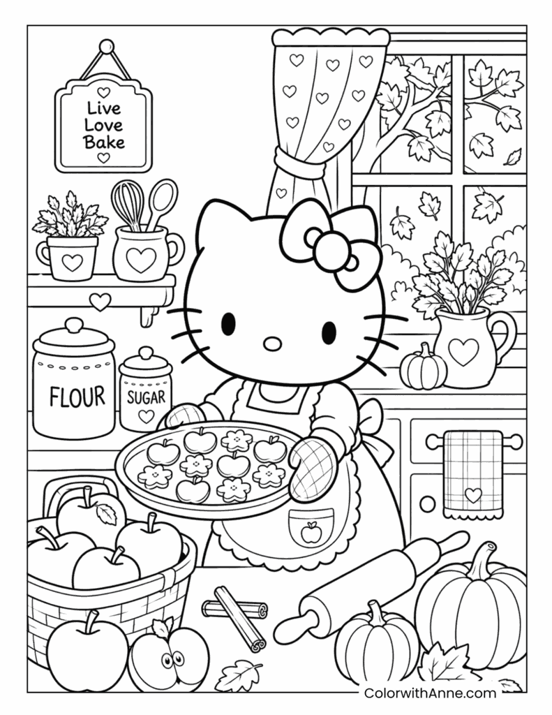Hello Kitty Baking Cookies In Kitchen Coloring Page