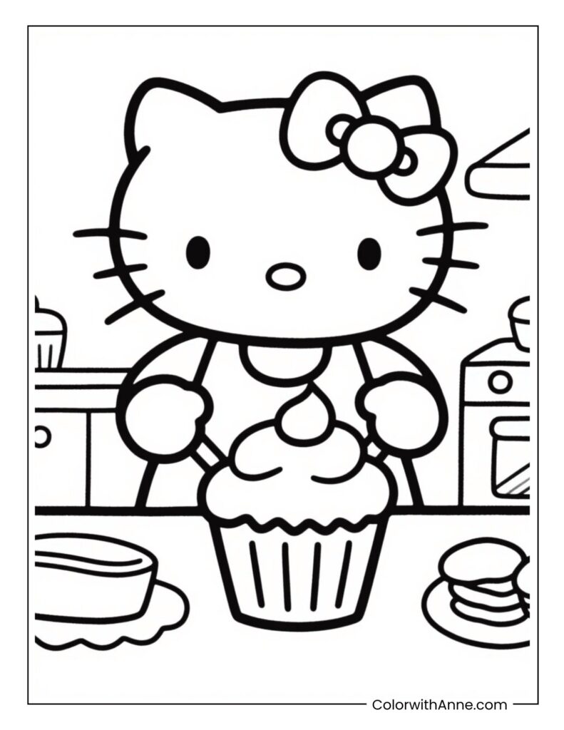 Hello Kitty Baking Cupcakes Coloring Page