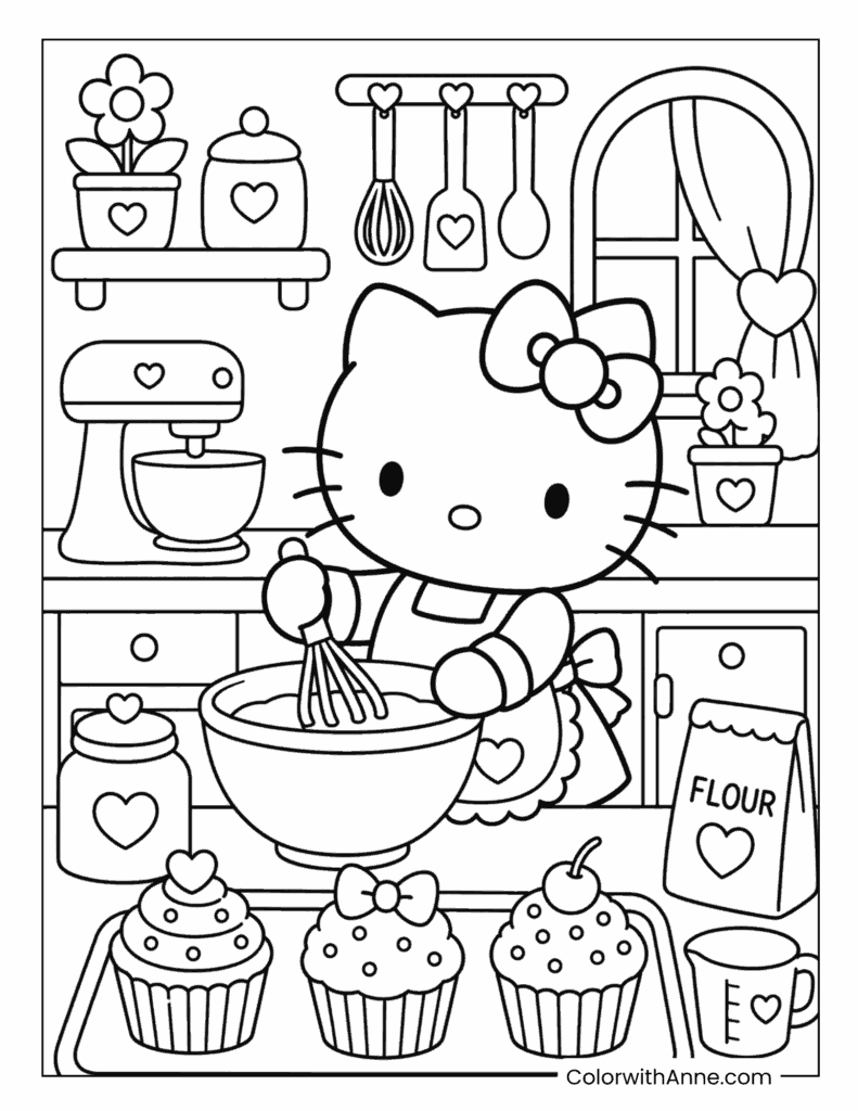 Hello Kitty Baking Cupcakes in the Kitchen Coloring Page