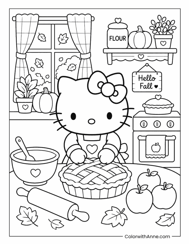 Hello Kitty Baking Pie In Kitchen Coloring Page