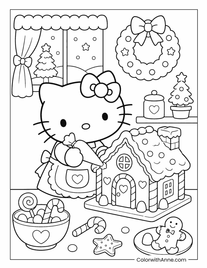 Hello Kitty Baking a Gingerbread House Coloring Page