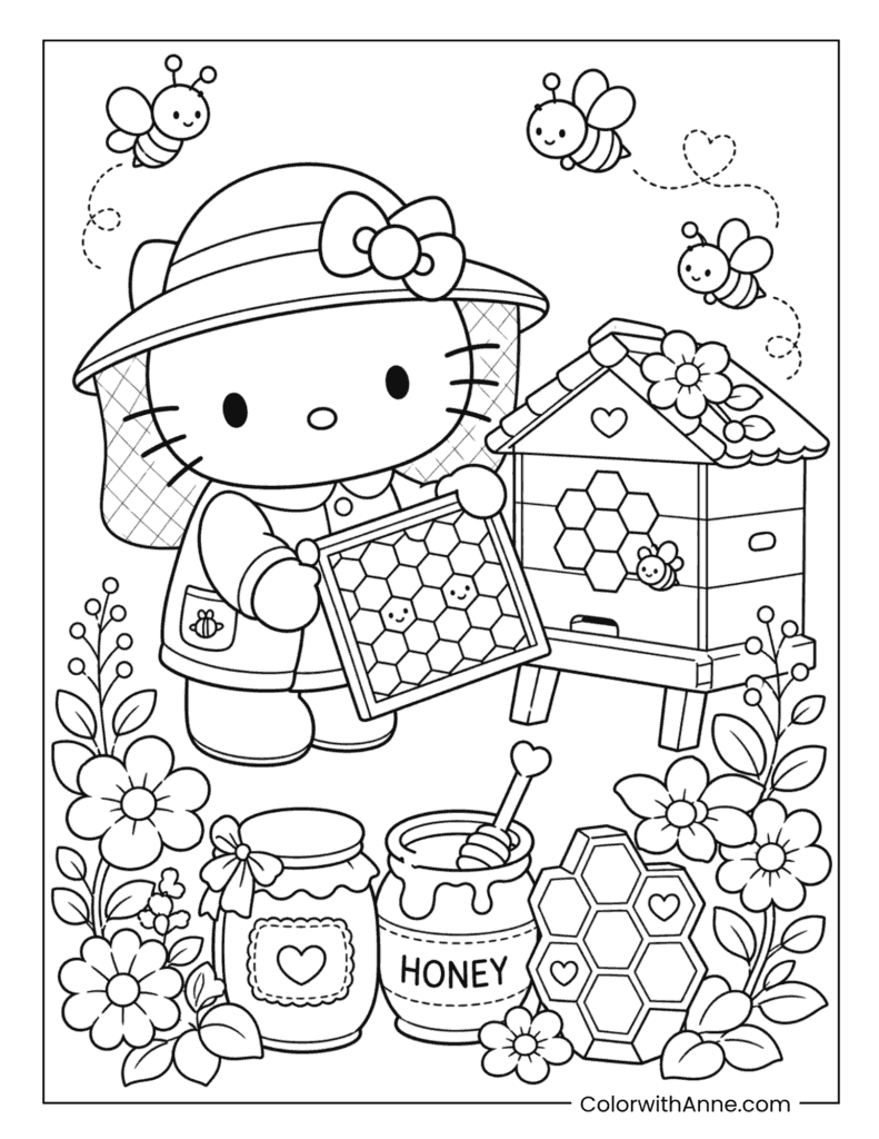 Hello Kitty Beekeeper with Honey Jars Coloring Page