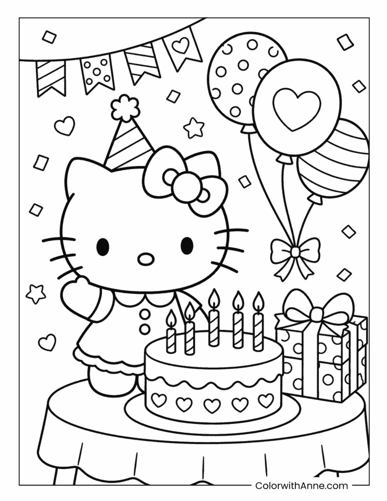 Hello Kitty Birthday Party with Cake and Balloons Coloring Page