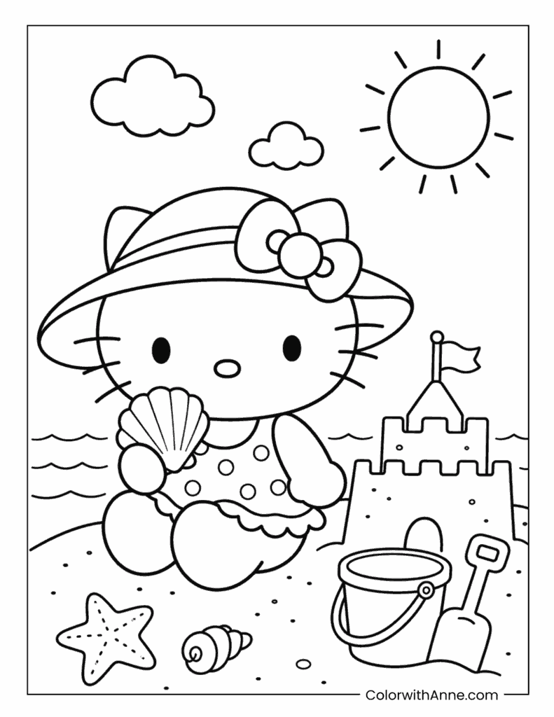Hello Kitty Building a Sandcastle at the Beach Coloring Page