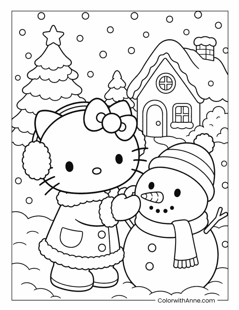 Hello Kitty Building a Snowman Coloring Page