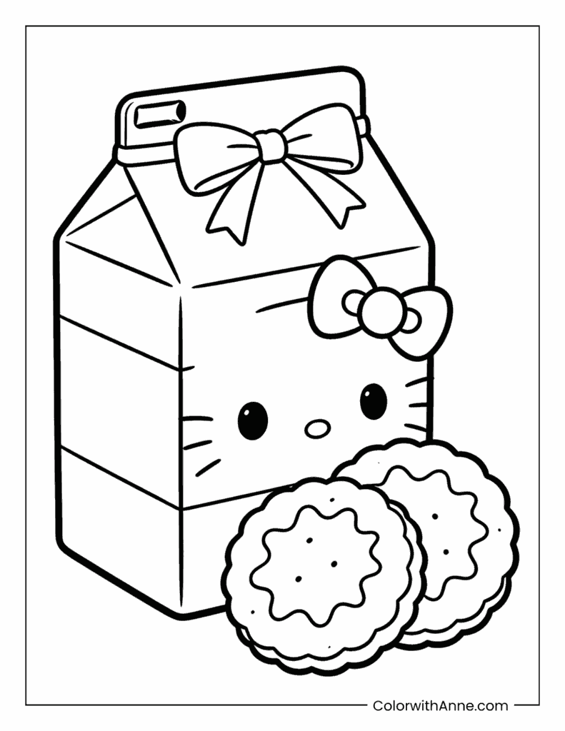 Hello Kitty Carton of Milk and Cookies Coloring Page