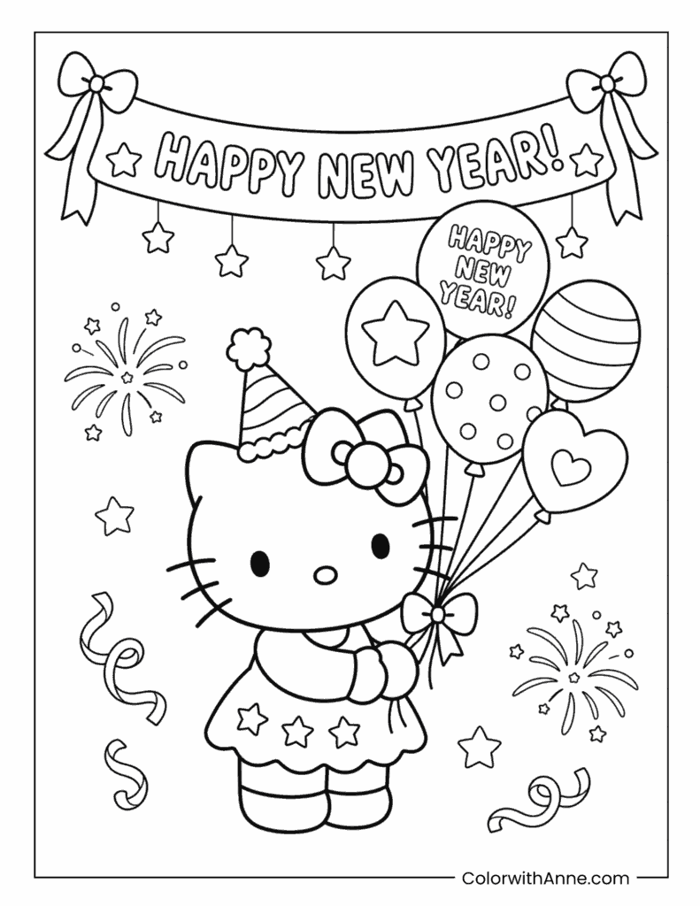Hello Kitty Celebrating New Year with Balloons and Fireworks Coloring Page