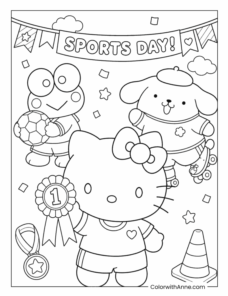 Hello Kitty Celebrating Sports Day With Medals And Friends Coloring Page