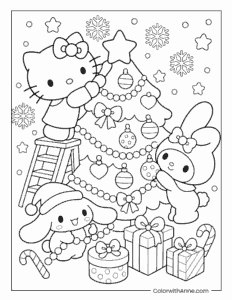 Hello Kitty, Cinnamoroll and My Melody decorating a Christmas tree