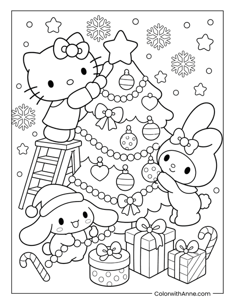 Hello Kitty, Cinnamoroll and My Melody decorating a Christmas tree